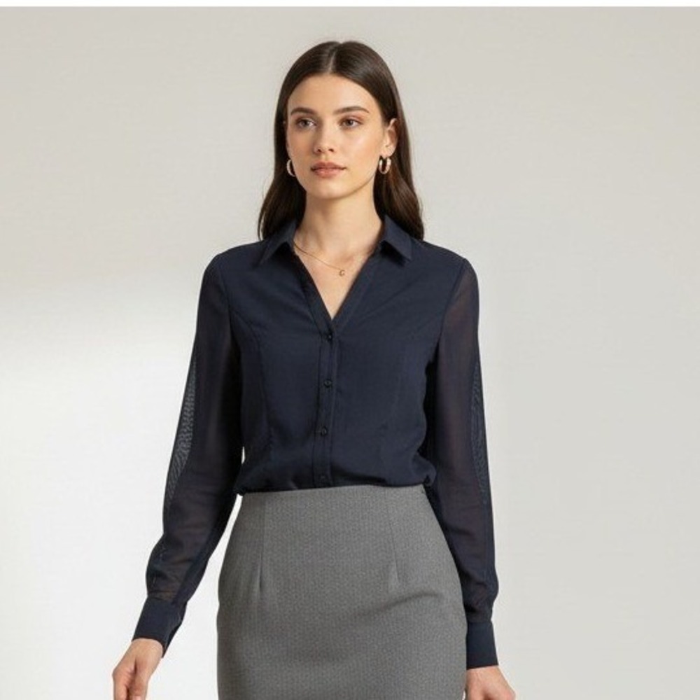 Anatomie Navy Blue Sheer Mesh Sleeve Button Down Shirt Made in Italy Size M